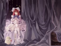 Rule 34 | 1girl, bird, bow, crescent, curtains, deathsmiles, dress, hair bow, highres, indoors, long hair, long sleeves, looking at viewer, on bed, owl, pantyhose, red eyes, red hair, sitting, solo, star (symbol), white bow, white dress, white footwear, white pantyhose, windia (deathsmiles), zhixie jiaobu