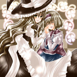 Rule 34 | 2girls, alice margatroid, bad id, bad pixiv id, blonde hair, clover, closed eyes, female focus, four-leaf clover, hairband, holding hands, hat, kirisame marisa, long hair, lowres, multiple girls, nanase nao, short hair, smile, touhou, very long hair, witch, witch hat