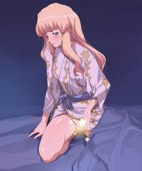Rule 34 | 00s, 1girl, a1 (initial-g), absurdres, bed, bed sheet, blonde hair, blue eyes, blush, highres, japanese clothes, kimono, kneeling, long hair, macross, macross frontier, one eye closed, pussy, sheryl nome, solo, star (symbol), tears, wink, yukata