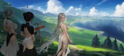 Rule 34 | 3girls, absurdres, armlet, ass, backless dress, backless outfit, black hair, blue sky, breasts, city, cloud, cloudy sky, dress, elf, fantasy, from behind, grey hair, hair bun, halo, highres, landscape, large breasts, lips, long hair, looking at viewer, looking back, mountainous horizon, multiple girls, orange eyes, original, pelvic curtain, pointy ears, realistic, reflection, reflective water, revealing clothes, road sign, scenery, sign, skindentation, sky, thigh strap, tree, very long hair, white dress, ydiya