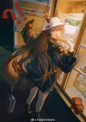 Rule 34 | 1girl, animal ears, arknights, bag, black footwear, black jacket, black socks, bottle, brown hair, ceobe (arknights), ceobe (unfettered) (arknights), chain, dog ears, dog girl, dog tail, dutch angle, ears through headwear, food, from behind, gloves, hands up, hat, highres, holding, holding bottle, holding food, holding with tail, jacket, long hair, looking at viewer, neriash, official alternate costume, open mouth, prehensile tail, red eyes, red gloves, refrigerator, shoes, single glove, socks, solo, tail, unworn gloves, weibo watermark, white hat