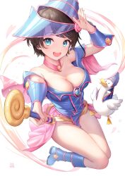 Rule 34 | 1girl, :d, aqua eyes, arm up, bare shoulders, black hair, blue footwear, blue hat, blush, boots, bracer, breasts, cleavage, commentary request, cosplay, dark magician girl, dark magician girl (cosplay), fingernails, hat, heart, hexagram, highres, holding, holding wand, hololive, kep (ahokep), large breasts, looking at viewer, oozora subaru, open mouth, outstretched arm, short hair, smile, subaru duck, teeth, thighs, upper teeth only, virtual youtuber, wand, white background, wizard hat, yu-gi-oh!