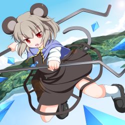 Rule 34 | 1girl, animal ears, black dress, capelet, day, dowsing rod, dress, female focus, grey hair, highres, jewelry, mary janes, mountainous horizon, mouse ears, mouse tail, navel, nazrin, necklace, nikku (ra), open mouth, outdoors, red eyes, revision, shoes, short hair, solo, tail, touhou