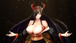 Rule 34 | 1girl, armpits, azur lane, bare shoulders, black hair, black kimono, breasts, cleavage, closed mouth, commentary request, cross, demon horns, friedrich der grosse (azur lane), friedrich der grosse (dark raiments of gagaku) (azur lane), hair over one eye, highres, horns, iron cross, japanese clothes, kimono, large breasts, long hair, looking at viewer, mechanical horns, nail polish, obi, off shoulder, outstretched arms, red nails, sash, sidelocks, smile, solo, standing, upper body, very long hair, yellow eyes, yuuka6