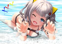 Rule 34 | 1girl, absurdres, adapted costume, bikini, black bikini, blunt bangs, blurry, bra, commentary request, day, depth of field, foreshortening, framed breasts, gibun (sozoshu), grey hair, highres, kaguya luna, looking at viewer, one eye closed, open mouth, outdoors, reaching, reaching towards viewer, short hair, solo, swimsuit, the moon studio, underwear, virtual youtuber