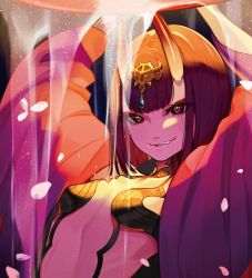 Rule 34 | 1girl, absurdres, arms up, bad id, bad twitter id, eyeshadow, fang, fate/grand order, fate (series), gem, highres, holding, horns, japanese clothes, jewelry, makeup, medium hair, oni, parted lips, petals, short eyebrows, shuten douji (fate), smile, solo, spilling, water, yuu (higashi no penguin)