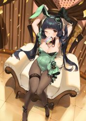 Rule 34 | 1girl, ;), absurdres, adapted costume, animal ears, arms up, bare shoulders, black footwear, black hair, black pantyhose, blush, breasts, brown eyes, brown pantyhose, chair, cleavage, closed mouth, confetti, fake animal ears, green hairband, green leotard, hairband, highres, idolmaster, idolmaster million live!, idolmaster million live! theater days, kitakami reika, leotard, long hair, looking at viewer, medium breasts, mouth hold, nys, one eye closed, pantyhose, playboy bunny, rabbit ears, shoes, sitting, smile, solo, thigh gap, thigh strap