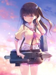 Rule 34 | 1girl, bag, blurry, blush, bokeh, breasts, brown hair, closed mouth, commentary request, cowboy shot, depth of field, gun sling, hand in own hair, highres, holding, holding weapon, long hair, looking away, medium breasts, na-ga, navel, neckerchief, original, pile bunker, plaid, plaid sailor collar, plaid skirt, pleated skirt, purple eyes, purple neckerchief, sailor collar, school uniform, shirt, short sleeves, shoulder bag, sidelocks, skirt, sky, solo, weapon, yellow shirt
