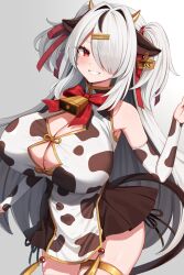 Rule 34 | 1girl, animal ears, animal print, bare shoulders, bell, black skirt, blush, breasts, cleavage, cleavage cutout, clothing cutout, commentary request, cow ears, cow girl, cow horns, cow print, cowbell, grey background, grey hair, hair intakes, hair ornament, hair over one eye, hairclip, hand up, highres, horns, large breasts, long hair, marota, marota (character), mole, mole under eye, one eye covered, original, parted lips, red eyes, simple background, skirt, smile, solo, thighlet, virtual youtuber
