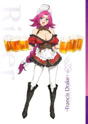 Rule 34 | 1girl, ahoge, alcohol, apron, bare shoulders, beer, blue eyes, blush, boots, bow, braid, breasts, character name, cleavage, corset, cross-laced footwear, cup, detached sleeves, dress, fate/extra, fate/grand order, fate (series), francis drake (fate), frilled dress, frilled sleeves, frills, full body, hair bow, high heel boots, high heels, holding, holding cup, knee boots, lace-up boots, large breasts, long hair, looking at viewer, maid, maid apron, maid headdress, open mouth, pantyhose, pink hair, red dress, scar, short dress, simple background, single braid, smile, solo, standing, very long hair, white background, white pantyhose, yd (orange maru)