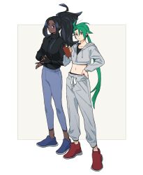 2girls alternate_costume alternate_hairstyle black_gloves black_hair black_jacket blue_eyes blue_footwear blue_pants border creatures_(company) crop_top dark-skinned_female dark_skin di_good_0123 drawstring full_body game_freak geeta_(pokemon) gen_4_pokemon gloves green_hair grey_background grey_jacket grey_pants hand_on_own_hip highres jacket leggings long_hair low_ponytail multiple_girls navel nintendo outside_border pants pokemon pokemon_sv ponytail red_eyes red_footwear rika_(pokemon) rotom rotom_phone simple_background smile standing track_jacket track_pants white_border