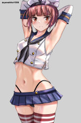 Rule 34 | 1girl, absurdres, armpits, arms up, black hairband, black neckerchief, black panties, blue sailor collar, blue skirt, blush, breasts, closed mouth, commentary request, cosplay, crop top, elbow gloves, flower, gloves, grey background, hairband, highleg, highleg panties, highres, kantai collection, looking at viewer, microskirt, miniskirt, mizuki (uzuki no sato), navel, neckerchief, one-hour drawing challenge, panties, pleated skirt, presenting armpit, red eyes, red hair, sailor collar, shimakaze (kancolle), shimakaze (kancolle) (cosplay), shirt, short hair, simple background, skirt, sleeveless, sleeveless shirt, small breasts, smile, solo, striped clothes, striped thighhighs, thighhighs, thighs, twitter username, underwear, white gloves, z3 max schultz (kancolle)