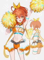 Rule 34 | 1girl, ahoge, arm up, armpits, bare shoulders, blush, breasts, cheering, cheerleader, cowboy shot, fate/grand order, fate (series), fujimaru ritsuka (female), galibo, high ponytail, highres, holding, holding pom poms, looking at viewer, midriff, multiple views, navel, one eye closed, open mouth, orange eyes, orange hair, pom pom (cheerleading), pom poms, ponytail, smile, solo, standing