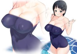 Rule 34 | 1girl, bare shoulders, black hair, blue eyes, blunt bangs, blush, breasts, cleavage, closed mouth, collarbone, commentary request, competition school swimsuit, competition swimsuit, covered erect nipples, covered navel, cowboy shot, hair ornament, hairclip, kirigaya suguha, large breasts, legs together, looking at viewer, one-piece swimsuit, school swimsuit, short hair, skindentation, smile, solo, standing, strap pull, swimsuit, sword art online, undressing, water, white background, zourion