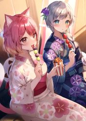 Rule 34 | 2girls, :d, :o, animal ears, black kimono, blush, braid, brown eyes, cat ears, cat girl, cat tail, commentary request, copyright request, fang, floral print, flower, food, green eyes, grey hair, hair flower, hair ornament, hair over shoulder, highres, holding, holding food, japanese clothes, kimono, long hair, long sleeves, looking at viewer, momoshiki tsubaki, morning glory print, multiple girls, obi, open mouth, parted lips, print kimono, purple flower, red hair, sash, single braid, sitting, smile, tail, virtual youtuber, white kimono, wide sleeves, yukata