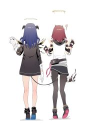 Rule 34 | ^^^, 2girls, arknights, back, bad id, bad pixiv id, bare legs, black footwear, black gloves, black jacket, black legwear, black skirt, blue hair, boots, chinese commentary, coffee, coffee cup, cup, demon horns, demon tail, detached wings, disposable cup, exusiai (arknights), fanny pack, female pervert, fingerless gloves, from behind, full body, fur-trimmed hood, fur trim, gloves, halo, highres, hood, hooded jacket, horns, jacket, kataokasan, long hair, miniskirt, mostima (arknights), multiple girls, pantyhose, penguin logistics logo, pervert, red hair, short hair, simple background, skirt, spill, surprised, tail, thighs, white background, white gloves, white jacket, wings, yuri