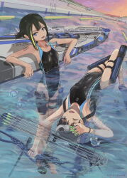 Rule 34 | 2girls, archery, arm rest, artist name, bare shoulders, barefoot, black hair, black one-piece swimsuit, bleachers, blonde hair, blue eyes, blue one-piece swimsuit, boat, bodypaint, bow (weapon), breasts, cable, collarbone, commentary, commentary request, competition swimsuit, compound bow, dated, diving mask, diving mask on head, diving regulator, dusk, dutch angle, flippers, floating, foot out of frame, full body, goggles, goggles on head, gradient sky, gun, hair up, highleg, highleg swimsuit, highres, knee up, long hair, looking at viewer, lying, magazine (weapon), multicolored hair, multiple girls, numbered, on back, one-piece swimsuit, one eye closed, open mouth, orange sky, original, outdoors, partially submerged, perspective, pink sky, ponytail, pool, quiver, railing, rifle, scope, scuba, scuba tank, sem (sempix), short hair, short ponytail, signature, sky, small breasts, smile, sniper rifle, streaked hair, sunset, swimming, swimsuit, target, target practice, thigh strap, twitter username, two-tone swimsuit, watercraft, weapon, weapon request