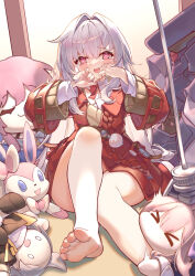 Rule 34 | 1girl, absurdres, barefoot, blush, breasts, brown sweater, character doll, clara (honkai: star rail), coat, covering face, crying, crying with eyes open, embarrassed, full body, hair between eyes, heart, heart-shaped pupils, highres, honkai: star rail, honkai (series), knee up, looking at viewer, necktie, no panties, open mouth, red coat, red eyes, red necktie, saliva, shirt, sitting, small breasts, soles, solo, sweater, symbol-shaped pupils, tears, toes, white hair, white shirt, xuezhei