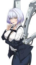 Rule 34 | 1girl, absurdres, arm up, belt, black necktie, blue jacket, blue skirt, blue suit, breasts, clothes pull, collarbone, crossed arms, feet out of frame, formal, girls&#039; frontline, hair between eyes, highres, jacket, jacket pull, kepra iii, leaning forward, looking at viewer, morridow (boss) (girls&#039; frontline), morridow (girls&#039; frontline), necktie, open mouth, shirt, short hair, silver hair, skirt, smile, solo, spoilers, standing, suit, white background, white shirt, yellow eyes