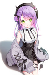 Rule 34 | 1girl, :o, beret, black bow, black hat, black skirt, blush, bow, breasts, commentary request, demon girl, demon tail, fake horns, green eyes, grey jacket, hair between eyes, hair bun, hair ornament, hairclip, hat, heart o-ring, highres, hololive, horned headwear, horns, jacket, long sleeves, looking at viewer, medium breasts, multicolored hair, off shoulder, open clothes, open jacket, parted lips, piercing, pink hair, pleated skirt, puffy long sleeves, puffy sleeves, purple hair, segawa luna, shirt, side bun, single hair bun, single side bun, sitting, skirt, sleeveless, sleeveless shirt, sleeves past fingers, sleeves past wrists, solo, streaked hair, suspender skirt, suspenders, tail, tail ornament, tail piercing, tokoyami towa, virtual youtuber, white background, white shirt, x hair ornament