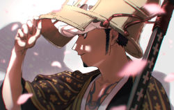 Rule 34 | 1boy, black hair, cherry blossoms, dappled sunlight, facial hair, from side, hand up, hat, highres, japanese clothes, male focus, one piece, profile, sheath, sheathed, solo, sunlight, trafalgar law, zumio