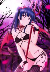 Rule 34 | 1girl, alternate hairstyle, artist name, artist request, bare shoulders, bat (animal), bat hair ornament, bikini, black bikini, black panties, black thighhighs, blue hair, blush, branch, breasts, chain, collar, collarbone, cross-laced bikini, cross-laced clothes, cuffs, demon girl, demon horns, fake demon horns, female focus, full moon, hair bun, hair ornament, half-closed eyes, halloween, handcuffs, head wings, heart, heart (symbol), heart hair ornament, heart tattoo, highres, holding, holding trident, horns, jewelry, lace, lace-trimmed legwear, lace trim, long hair, looking at viewer, love live!, love live! sunshine!!, moon, navel, night, night sky, outdoors, panties, parted lips, pink eyes, polearm, purple eyes, purple sky, red collar, red petals, red wings, single hair bun, sky, small breasts, smile, solo, star (sky), stomach tattoo, striped clothes, striped thighhighs, swimsuit, tattoo, thighhighs, tree, trident, tsushima yoshiko, twintails, underwear, vertical-striped clothes, vertical-striped thighhighs, weapon, wings