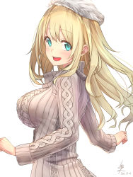 Rule 34 | 10s, 1girl, absurdres, alternate costume, aqua eyes, aran sweater, atago (kancolle), baffu, blonde hair, blue eyes, blush, breasts, cable knit, dated, from side, hat, highres, kantai collection, large breasts, long hair, long sleeves, looking at viewer, looking back, open mouth, signature, sitting, smile, solo, sweater, white background