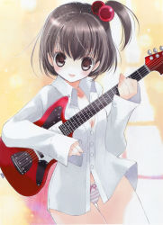 Rule 34 | 1girl, :p, absurdres, artist request, blush, breasts, brown eyes, brown hair, cleavage, female focus, gradient background, guitar, hair bobbles, hair ornament, highres, instrument, long sleeves, open clothes, open shirt, original, panties, ponytail, shirt, short hair, side ponytail, small breasts, smile, solo, striped clothes, striped panties, tongue, tongue out, underwear, white shirt