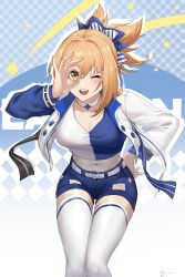 Rule 34 | 1girl, ;d, blonde hair, blue background, blue shirt, blue shorts, blush, breasts, choker, cleavage, commentary request, crop top, feet out of frame, genshin impact, hand on own hip, highres, jacket, leaning forward, linreplica, long sleeves, looking at viewer, medium breasts, midriff, navel, one eye closed, open clothes, open jacket, open mouth, plaid, plaid background, ponytail, shirt, short hair, short shorts, shorts, smile, solo, standing, stomach, thighhighs, thighs, two-tone shirt, white choker, white jacket, white shirt, white thighhighs, yellow eyes, yoimiya (genshin impact), yoimiya (lawson) (genshin impact)