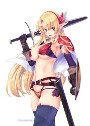 Rule 34 | 1girl, armor, artist name, belt, bikini, bikini armor, black thighhighs, blonde hair, breasts, commentary request, earrings, elf, green eyes, hair between eyes, hairband, holding, holding shield, holding sword, holding weapon, jewelry, kirishima satoshi, long hair, looking at viewer, medium breasts, navel, open mouth, original, pointy ears, red bikini, sheath, shield, short sword, sidelocks, simple background, solo, swimsuit, sword, thighhighs, weapon, white background, wing hair ornament