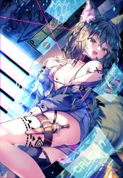 07touka25 absurdres animal_ears bare_shoulders bikini black_bikini black_choker black_thighhighs blue_jacket braid breasts choker cleavage green_hair hair_between_eyes highres jacket knife large_breasts leg_belt open_mouth original swimsuit tail thigh_strap thighhighs weapon yellow_eyes