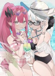 Rule 34 | 2girls, absurdres, baobhan sith (fate), bikini, black bikini, blush, bracelet, commentary request, cup, day, draw happy set, drinking glass, drinking straw, earrings, eyewear on head, fate/grand order, fate (series), grey eyes, hat, heart, heart-shaped eyewear, highres, jewelry, long hair, looking at viewer, morgan le fay (fate), multiple girls, outdoors, pink bikini, ponytail, red hair, sitting, smile, sun hat, sunglasses, sunlight, swimsuit, water, white hair