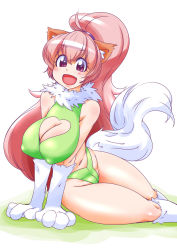 Rule 34 | 1girl, :d, animal ears, breasts, cat ears, cat girl, cat tail, cleavage, cleavage cutout, clothing cutout, covered erect nipples, fang, female focus, highres, large breasts, long hair, open mouth, perisie (star ocean), ponytail, red eyes, red hair, ryoi, sitting, smile, solo, star ocean, star ocean first departure, tail, white background