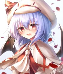 Rule 34 | 1girl, :d, artist name, ascot, bad id, bad pixiv id, bat wings, beret, blue hair, blush, capelet, commentary request, fang, hair between eyes, hat, hat ribbon, highres, looking at viewer, open mouth, petals, pudding (skymint 028), red eyes, red ribbon, remilia scarlet, ribbon, rose petals, short hair, signature, simple background, skin fang, smile, solo, touhou, upper body, white ascot, white background, white capelet, white hat, wings