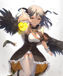 Rule 34 | 1girl, armpit peek, bare shoulders, black dress, black hair, breasts, dress, feathered wings, feathers, flower, frilled dress, frills, grey thighhighs, highres, horns, large breasts, looking at viewer, medium hair, mosta (lo1777789), original, outstretched arm, panties, parted lips, red eyes, revealing clothes, simple background, sleeveless, sleeveless dress, solo, strap, thighhighs, underwear, white background, white panties, wings, wrist cuffs, yellow flower