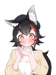Rule 34 | 1girl, animal ear fluff, animal ears, beret, black hair, blush, brown eyes, closed mouth, halterneck, hands up, hat, highres, hololive, kani bonara, long hair, looking at viewer, low ponytail, multicolored hair, ookami mio, ookami mio (street), own hands together, red hair, shirt, simple background, smile, solo, streaked hair, sweater, two-tone hair, upper body, virtual youtuber, white background, white shirt, wolf ears, wolf girl