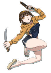 Rule 34 | 1girl, billyonthestraw, black shorts, brown hair, cropped hoodie, flip-flops, full body, gun, highres, holding, holding gun, holding knife, holding weapon, hood, hood down, hoodie, knife, mole, mole under eye, open mouth, original, sandals, short hair, shorts, solo, swimsuit, swimsuit under clothes, toes, weapon, white background, yellow eyes, yellow hoodie