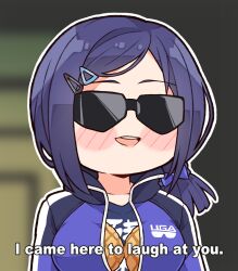 Rule 34 | 1girl, a-chan (3rd costume) (hololive), a-chan (hololive), blue hair, blush stickers, bread, breast padding, commentary, english commentary, english text, food, gundam, hair ornament, hairclip, highres, hololive, i came here to laugh at you (meme), jacket, kukie-nyan, low ponytail, medium hair, melon bread, meme, official alternate costume, official alternate hairstyle, open mouth, print jacket, print shirt, purple jacket, purple shirt, shirt, short ponytail, smile, solo, sunglasses, swept bangs, teeth, track jacket, upper body, upper teeth only, virtual youtuber, zeta gundam