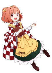 Rule 34 | 1girl, absurdres, apron, bell, book, boots, breasts, brown footwear, character name, checkered clothes, checkered kimono, clothes writing, commentary request, cross-laced footwear, frilled apron, frilled skirt, frills, ginsasa chabo, green skirt, hair bell, hair ornament, highres, holding, holding book, japanese clothes, jingle bell, kanji, kimono, long sleeves, motoori kosuzu, open mouth, orange eyes, orange hair, red eyes, red hair, red kimono, romaji text, shirt, short hair, simple background, skirt, solo, teeth, touhou, twintails, two side up, upper teeth only, white background, white kimono, white shirt, wide sleeves, yellow apron