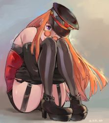 Rule 34 | 10s, 1girl, alternate costume, artist name, bare shoulders, black footwear, black gloves, black hat, black shorts, black thighhighs, boots, buckle, commentary, dated, elbow gloves, full body, garter straps, glasses, gloves, hat, high heel boots, high heels, hugging own legs, kenshin187, knees up, leaning forward, legs together, long hair, looking at viewer, looking over eyewear, looking over glasses, orange-tinted eyewear, orange-tinted glasses, orange hair, peaked cap, persona, persona 5, persona 5: dancing star night, persona dancing, pigeon-toed, platform boots, platform footwear, purple eyes, round eyewear, sakura futaba, short shorts, shorts, sitting, sleeveless, smile, solo, sunglasses, thighhighs, thighs, tinted eyewear
