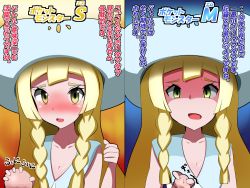 Rule 34 | 1girl, blonde hair, blue background, blush, braid, collarbone, creatures (company), dress, embarrassed, game freak, green eyes, hand up, harubato, hat, lillie (pokemon), long hair, looking at viewer, multiple views, nervous, nintendo, open mouth, orange background, pokemon, pokemon sm, sadism, sexually suggestive, shaded face, simple background, sleeveless, sleeveless dress, sun hat, sweat, tears, teeth, text focus, translated, twin braids, white dress, white headwear