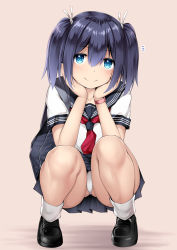 1girl, alternate costume, bag, black footwear, black sailor collar, black skirt, blue eyes, blue hair, brown background, commentary request, gloves, hair ribbon, hands on own face, highres, kantai collection, kuromayu, loafers, neckerchief, panties, pantyshot, pleated skirt, red neckwear, ribbon, sailor collar, school bag, school uniform, serafuku, shoes, single glove, skirt, smile, socks, solo, souryuu (kancolle), squatting, twintails, underwear, white legwear, white panties, younger