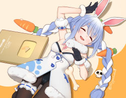 Rule 34 | 1girl, animal ear fluff, animal ears, bad id, bad pixiv id, black gloves, black pantyhose, blue hair, bone, braid, breasts, brown pantyhose, carrot, closed eyes, cowboy shot, detached sleeves, don-chan (usada pekora), dress, fur-trimmed dress, fur-trimmed gloves, fur trim, gloves, hands up, highres, hololive, leotard, leotard under clothes, long hair, lying, multicolored hair, nijyuuhaku, on back, open mouth, orange background, pantyhose, rabbit ears, rabbit girl, rabbit pose, sidelocks, skull, small breasts, smile, solo, strapless, strapless dress, thick eyebrows, twin braids, twitter username, two-tone hair, usada pekora, usada pekora (1st costume), very long hair, virtual youtuber, white dress, yellow background, youtube creator award