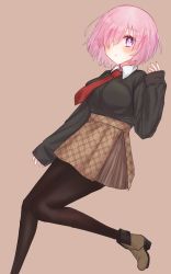 Rule 34 | 1girl, adapted costume, alternate costume, black shirt, blush, breasts, brown background, brown footwear, brown pantyhose, brown skirt, chaldea logo, collared shirt, commentary request, fate/grand order, fate (series), fingernails, hair over one eye, harukappa, highres, large breasts, long sleeves, looking at viewer, mash kyrielight, miniskirt, necktie, one eye covered, pantyhose, parted lips, pink hair, purple eyes, red necktie, shirt, shoes, short hair, simple background, skirt, sleeves past wrists, solo