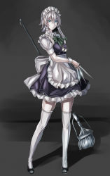Rule 34 | 1girl, apron, bad id, bad pixiv id, between fingers, blue dress, blue eyes, bow, braid, breasts, closed mouth, dress, frilled apron, frills, full body, green bow, green ribbon, hair between eyes, hair bow, highres, holding, holding knife, izayoi sakuya, jan (lightdragoon), knife, knives between fingers, looking at viewer, maid, maid headdress, medium breasts, mop, neck ribbon, pocket watch, puffy short sleeves, puffy sleeves, ribbon, short hair with long locks, short sleeves, silver hair, smile, solo, standing, thighhighs, touhou, twin braids, waist apron, watch, white thighhighs, wrist cuffs