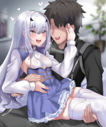 Rule 34 | 1boy, 1girl, black hair, black jacket, blue dress, breasts, brown eyes, carrying, dress, melusine (fate), fate/grand order, fate (series), forked eyebrows, frills, fujimaru ritsuka (male), fujimaru ritsuka (male) (polar chaldea uniform), grey pants, highres, jacket, kazami chiu, long hair, long sleeves, open mouth, pants, polar chaldea uniform, princess carry, short hair, short sleeves, sidelocks, sitting, sitting on person, small breasts, smile, thighhighs, thighs, white hair, white thighhighs