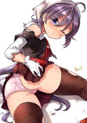 Rule 34 | 1girl, akebono (kancolle), ass, black thighhighs, fallen down, gloves, hair between eyes, hair ornament, hairclip, highres, kantai collection, long hair, long sleeves, looking at viewer, md5 mismatch, neit ni sei, one eye closed, panties, pink panties, purple eyes, purple hair, resolution mismatch, side ponytail, solo, source larger, thighhighs, torn clothes, torn gloves, torn thighhighs, underwear, very long hair, white gloves