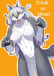 Rule 34 | 1girl, absurdres, blonde hair, breasts, furry, furry female, halloween, highres, long hair, multicolored hair, open mouth, solo, tongue, trick or treat, white hair, wolf, yamane512