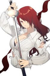Rule 34 | bleeding, blood, blood on face, bra, breasts, cleavage, cuts, hair over one eye, injury, kirijou mitsuru, looking at viewer, open clothes, open shirt, persona, persona 3, rapier, red eyes, red hair, sheath, shirt, solo, sword, torn clothes, underwear, upper body, weapon