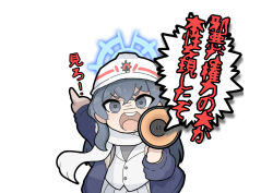 Rule 34 | 1girl, arm up, blazer, blue archive, blue jacket, chibi, commentary, crossed bangs, ghyaku500, grey eyes, grey hair, grey shirt, halo, hard hat, helmet, highres, holding, holding megaphone, jacket, long hair, long sleeves, looking at viewer, megaphone, minori (blue archive), open clothes, open jacket, open mouth, pleated skirt, pointing, puffy long sleeves, puffy sleeves, scarf, shirt, shouting, simple background, skirt, solo, teeth, translated, upper body, upper teeth only, v-shaped eyebrows, white jacket, white scarf, white skirt
